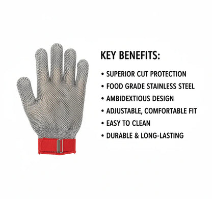 Stainless Steel Mesh Cut-Resistant Glove – Level 5 Protection Food-Grade Safety Glove for Slicing &amp; Meat Cutting | قفاز شبكي من الفولاذ المقاوم للصدأ ومقاوم للقطع – قفاز أمان للمواد الغذائية بمستوى حماية ٥ لتقطيع الخضروات واللحوم